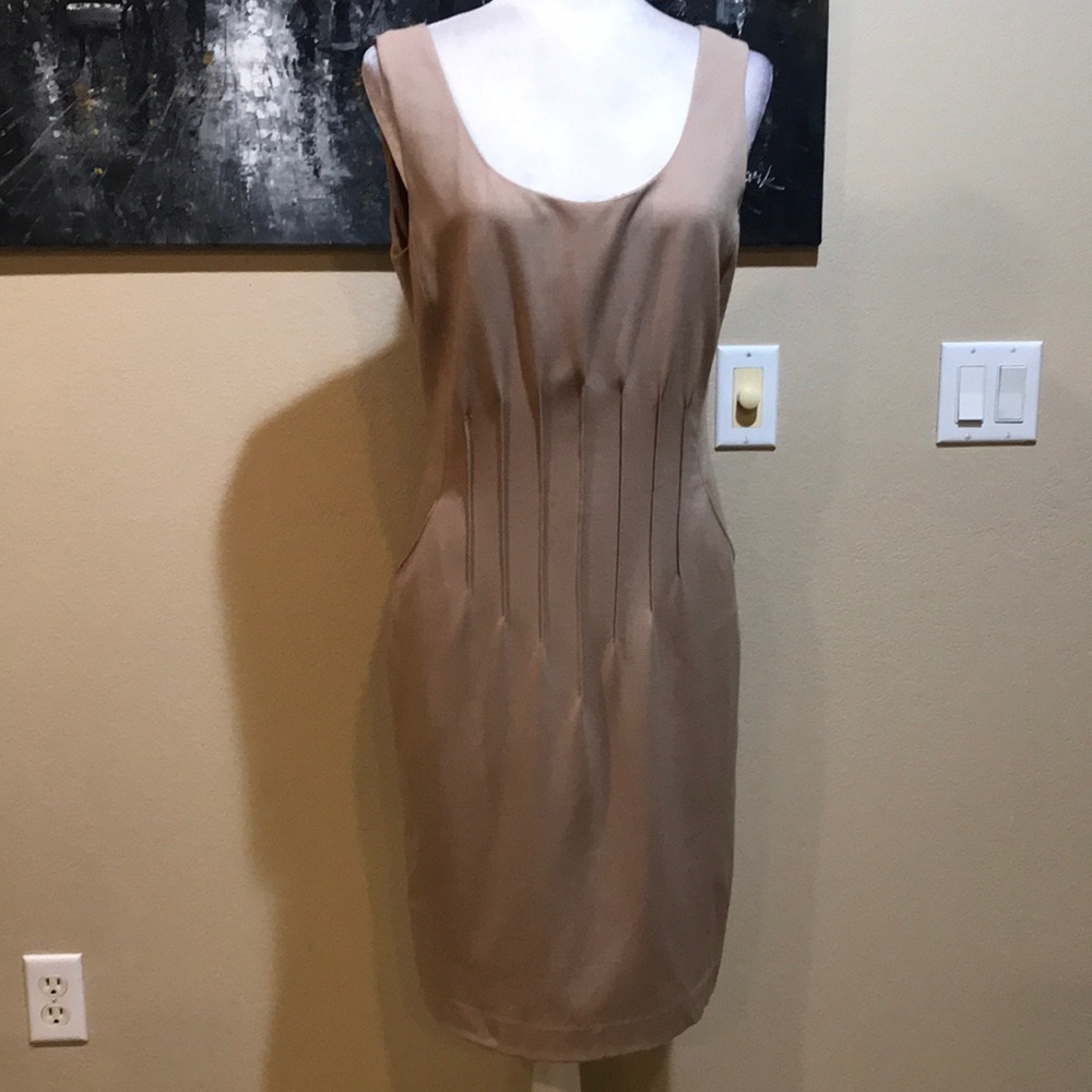 Magaschoni Beige Midi Dress w/Pockets Pleated Front/Back w/Exposed Zipper-No Tag